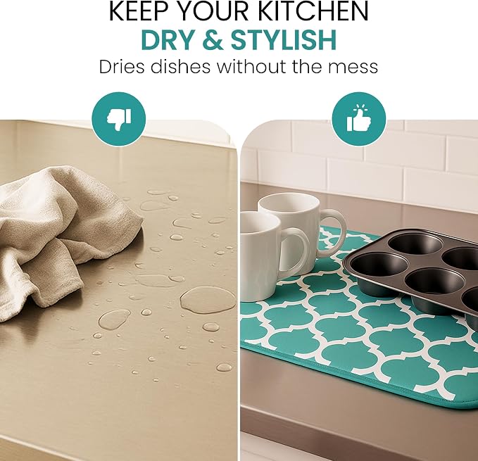 Dish Drying Mat for Kitchen Counter, Large 18 x 14 Absorbent Microfiber Pad | Machine Washable Quick Dry Kitchen Mat, Reversible Under Dish Rack Pad, Counter Protector for Dishes Pots Pans, Coffee Bar
