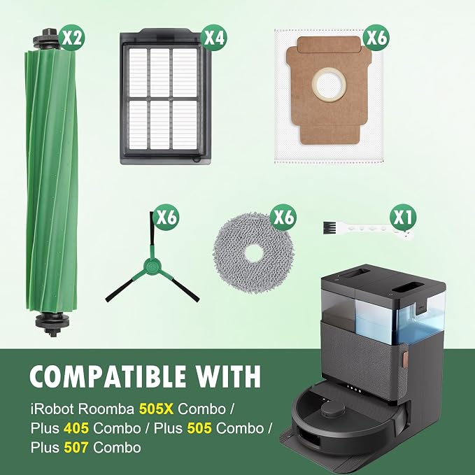 25 Pcs Replacement Part for iRobot Roomba 505X Combo,Plus 405/505/507 Combo | 2 Main Brushes, 6 Dust Bags, 6 Mop Pads, 4 Filters, 6 Side Brushes and 1 Cleaning Tool, Robot Vacuum Accessories Kit