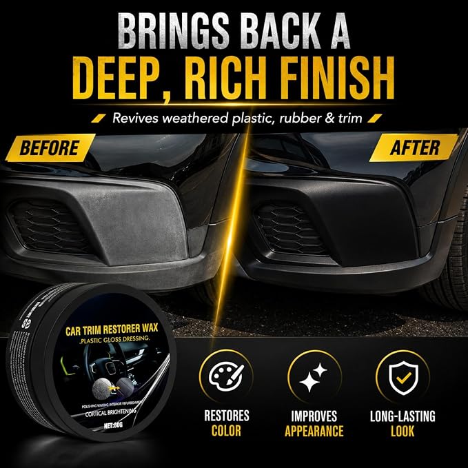 Plastic Restorer for Cars, Black Restoration for Interior & Exterior, 80g | Restore faded black plastic, trim, rubber, vinyl and dashboard with UV protection, ceramic coating and water-resistant care