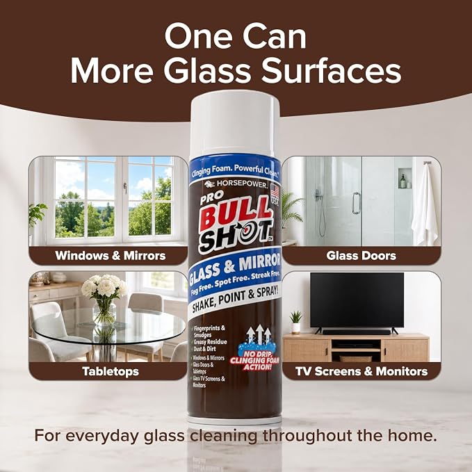 Horsepower Bull Shot Glass & Mirror Cleaner, As Seen On TV, No-Drip Foaming Glass Cleaner for Mirrors, Windows & TV Screens, Made in USA