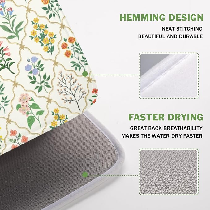 Floral Dish Drying Mat for Kitchen Counter Spring Summer Wild Flowers Diamond Pattern Microfiber Dish Drainer Mat Rustic Absorbent Washable Drying Pad 16"x18"