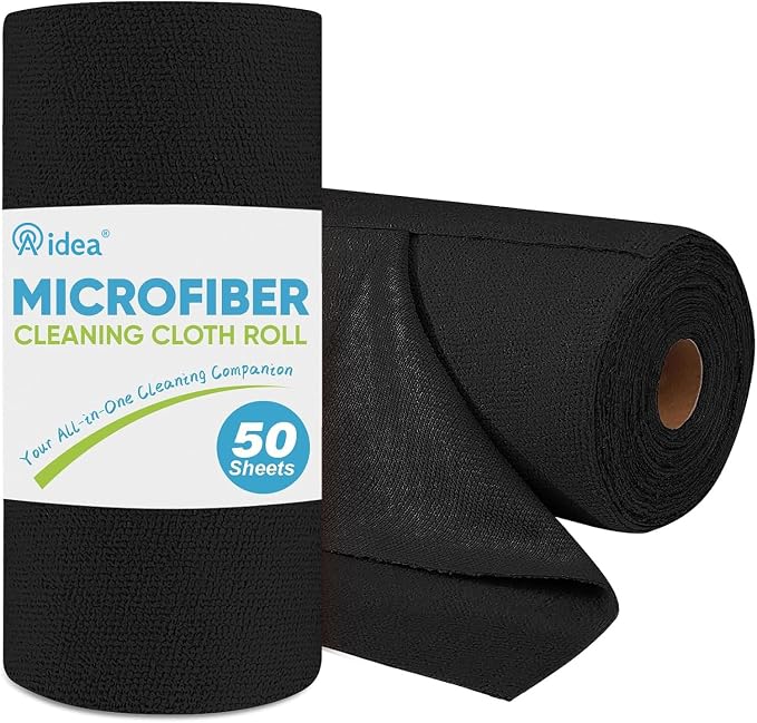 AIDEA Microfiber Cleaning Cloth Roll-50PK, Reusable Paper Towels 11.5×11.5" | Black Microfiber Towels for Cars, Tear Away Cloth, Shop Rags, Lint Free Cleaning Rags for House, Kitchen, Window