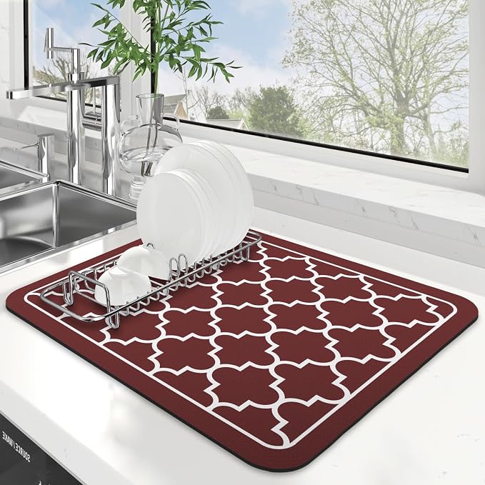 WISELIFE Dish Drying Mat Super Absorbent Drying Mat Large Dish Drying Mats for Kitchen Counter Easy Clean Dish Mat Kitchen Drying Mat15"x 18" Stylish Red