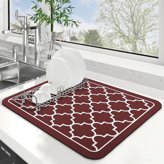 WISELIFE Dish Drying Mat Super Absorbent Drying Mat Large Dish Drying Mats for Kitchen Counter Easy Clean Dish Mat Kitchen Drying Mat15"x 18" Stylish Red