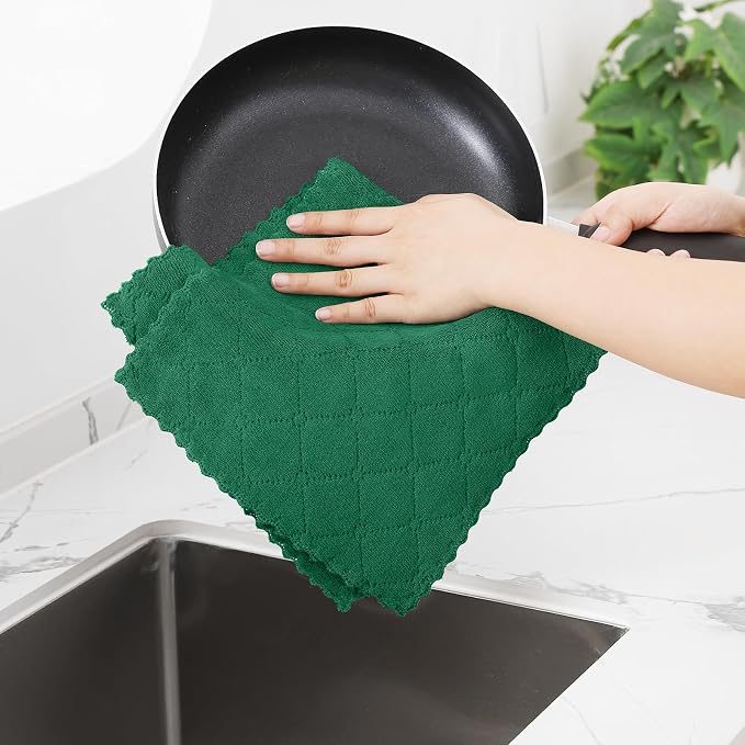 Homaxy 12 Pack Dish Towels for Kitchen (10 x 20 Inches, Dark Green), Super Soft and Absorbent Coral Velvet Dish Cloths for Washing Dishes, Nonstick Oil Fast Drying Microfiber Cleaning Cloth
