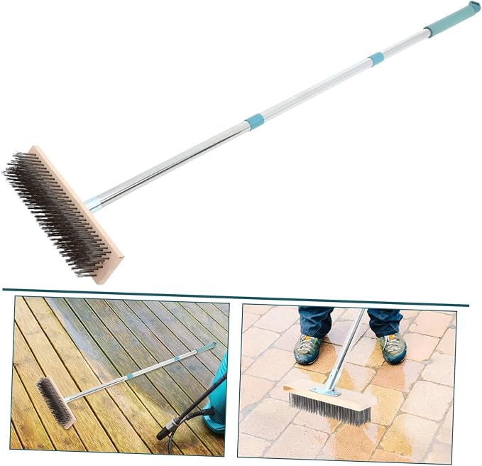 PRETYZOOM Heavy Duty Stainless Steel Scrub Brush with Pole for Tough Outdoor Cleaning for Decks Patios and Concrete Ergonomic Design for Comfortable Use