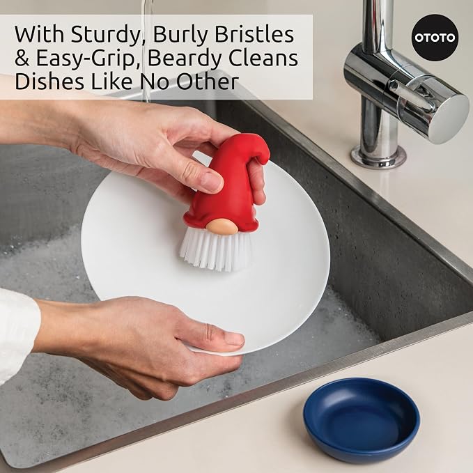 OTOTO Gnome Dish Brush with Handle - Cleaning Brush, Vegetable Brush, Dish Scrub, Gnome Handle, Unique Kitchen Gadgets, Funny Kitchen Tools, Useful Gifts for Women (Beardy Red)
