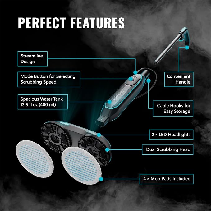PurSteam ScrubMaster V2 Steam Mop with Dual Scrubbing Head and LED Lights | Dual Scrubbing Head | LED Headlights | Adjustable Steam Control | Anti-Slip Swivel Head | Cable Holder | Upright Lock