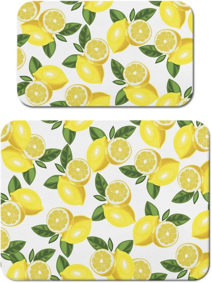 Dish Drying Mat 2-Pack in Yellow Lemon for Kitchen Counter Dishes Mat | Diatom Mud Mats (18x24, 19.5x12"). Non-slip rubber back for kitchen counter, coffee bar & sink scenes