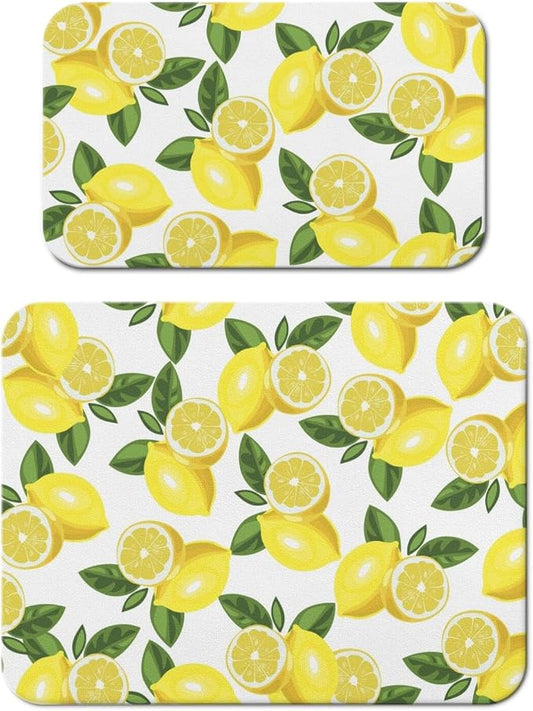Dish Drying Mat 2-Pack in Yellow Lemon for Kitchen Counter Dishes Mat | Diatom Mud Mats (18x24, 19.5x12"). Non-slip rubber back for kitchen counter, coffee bar & sink scenes