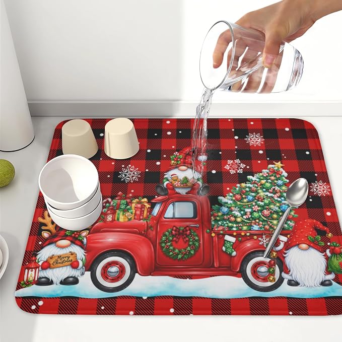 Christmas Dish Drying Mat for Kitchen Counter Xmas Gnome Truck Red Black Buffalo Plaid Dish Drainer Mat Rustic Farmhouse Holiday Absorbent Washable Drying Pad 16"x18"