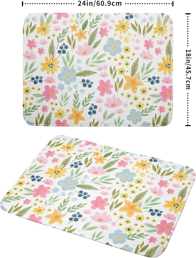 Spring Dish Drying Mat for Kitchen Counter Cute Floral Summer Holiday Microfiber Absorbent Dish Draining Reusable Washable Foldable Extra Large 18"x24"