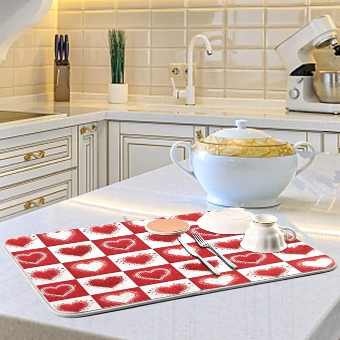Valentine's Day Love Heart Red Buffalo Plaid Dish Drying Mat 16x18 for Kitchen Mother's Day Rose Pink Flowers Dishes Pad Dish Drainer Rack Mats Absorbent Fast Dry Kitchen Accessories