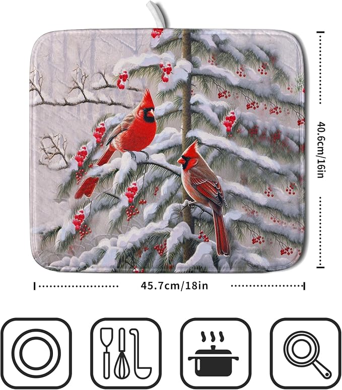 Red Birds Dish Drying Mat Winter Berry Dish Drainer Mats Absorbent Reversible Microfiber Kitchen Countertop Protector Dishes Pad 16x18 inch