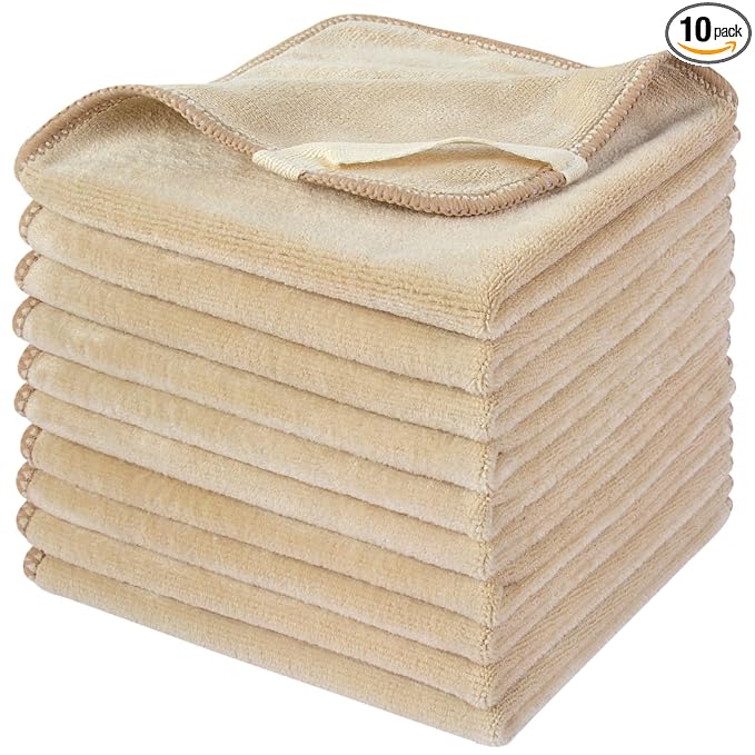 SINLAND Microfiber Facial Cloths Fast Drying Washcloth 12inch x 12inch (10pack, Cream)