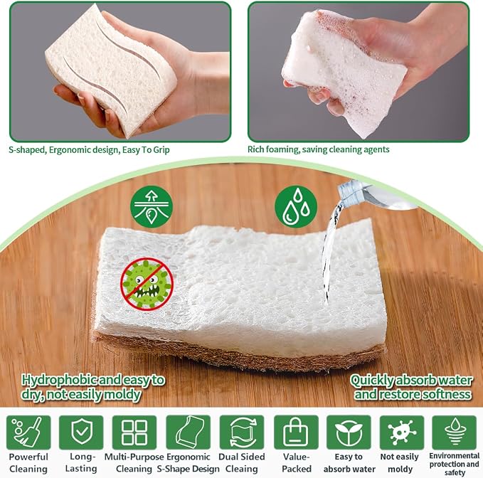 Sponges Kitchen Natural Dish Sponge Plant-Based Biodegradable Compostable Cellulose with Coconut Scrubber Sponge Non Scratch Eco Friendly Kitchen sponges for Kitchen Dishes（Pack of 16）
