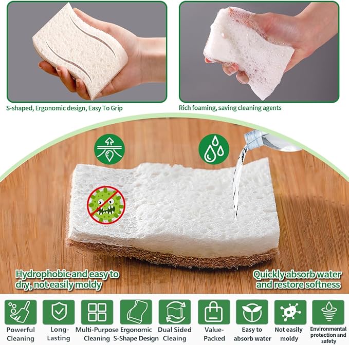 Sponges Kitchen Natural Dish Sponge Plant-Based Biodegradable Compostable Cellulose with Coconut Scrubber Sponge Non Scratch Eco Friendly Kitchen sponges for Kitchen Dishes（Pack of 24）