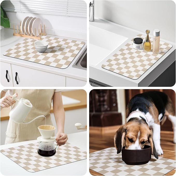 CooRug Checkered Dish Drying Mat, 16" x 24", Beige | Absorbent, Leak-Proof, Non-Slip, Heat Resistant, For Kitchen Counter & Coffee Bar, Eco-friendly Materials, Easy to Clean