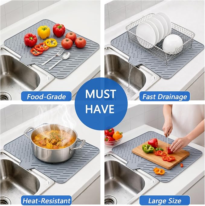 Large Silicone Dish Drying Mat – 23"x17" Sloped Sink Draining Tray with Sponge Holder for Kitchen Counter, Angled Surface for Water Drainage, Silicone Rack Mat with Drain Lip(Gray)