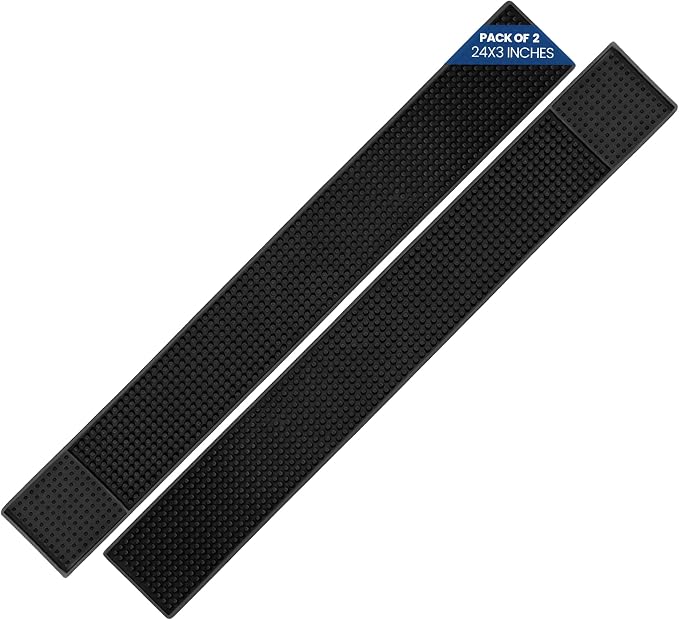 Black Bar Mats 24" x 3" – Non-Slip Rubber Bar Service & Spill Mats for Countertop, Bartending, Coffee Bar, Kitchen, Restaurant (Pack of 2)