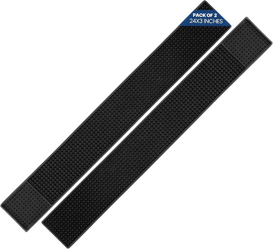 Black Bar Mats 24" x 3" – Non-Slip Rubber Bar Service & Spill Mats for Countertop, Bartending, Coffee Bar, Kitchen, Restaurant (Pack of 2)