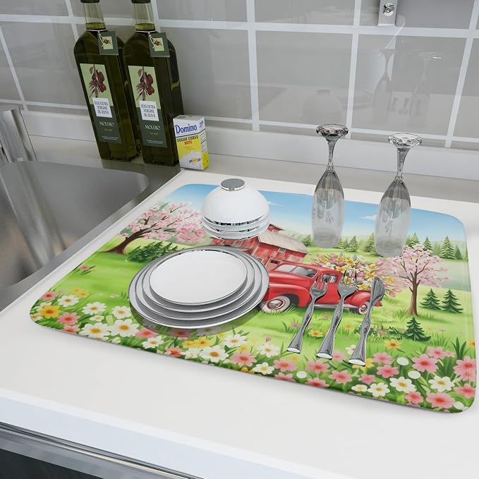 Spring Dish Drying Mat for Kitchen Counter Red Truck Flowers Microfiber Absorbent Dish Draining Reusable Washable Foldable Extra Large 18"x24"