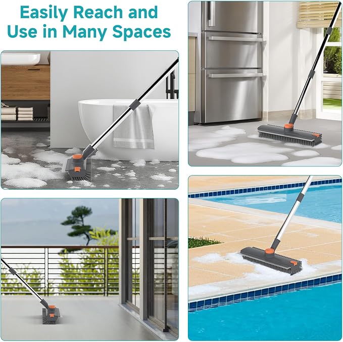 Floor Scrub Brush with Long Handle Length Adjustable, 3 in 1 Heavy-Duty Stiff 90° Bristle Floor Scrubber Broom with Squeegee, Cleaning Brush for Bathroom, Garage, Kitchen, Tile, Deck & Patio (Gray)