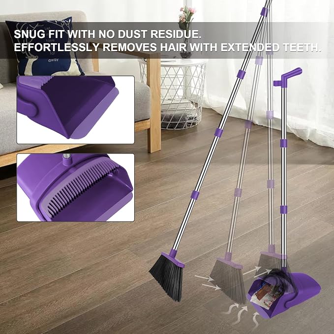 Purple Broom with Dustpan Combo Set, 51" Long Handle Household Cleaning Tool, Ideal Broom and Dustpan Set for Pet Hair and Home Use