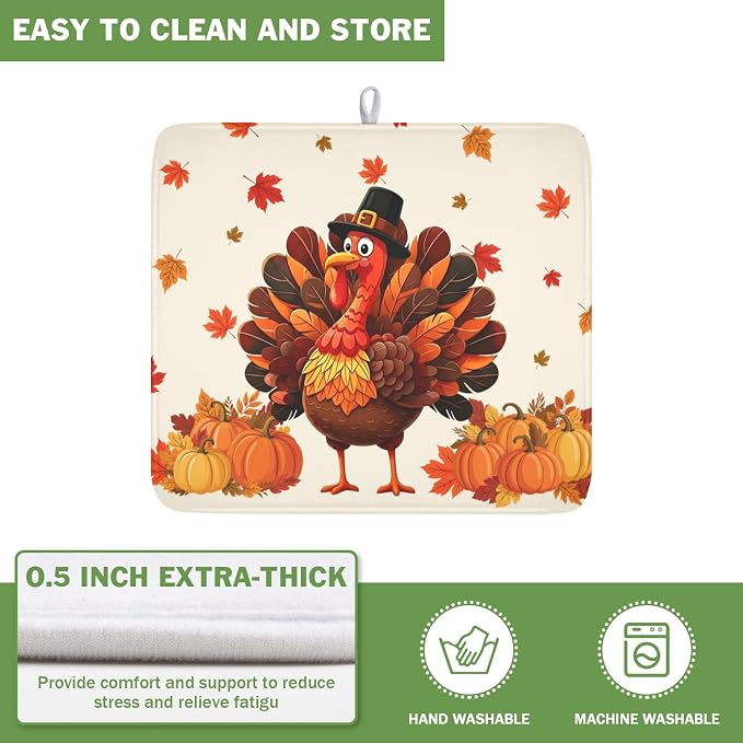 Thanksgiving Dish Drying Mat for Kitchen Counter Autumn Harvest Turkey Pumpkin Maple Leaves Microfiber Dish Drainer Mat Rustic Fall Holiday Absorbent Washable Drying Pad 16"x18"