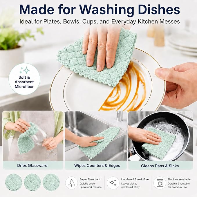 kimteny 12 Pack Dish Cloths for Washing Dishes, Super Absorbent Microfiber Kitchen Dish Rags, Fast Drying Coral Velvet Dish Cloths for Kitchen Counter and Dishes (Green-Grey)