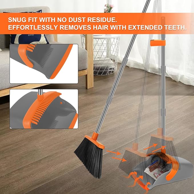 Broom and Dustpan Combo Set, 55" Long Handle Broom Orange | Large Area Outdoor Cleaning, Extended Reach Design, Built-in Comb Dustpan, Foldable Storage for Garage, Patio & Home