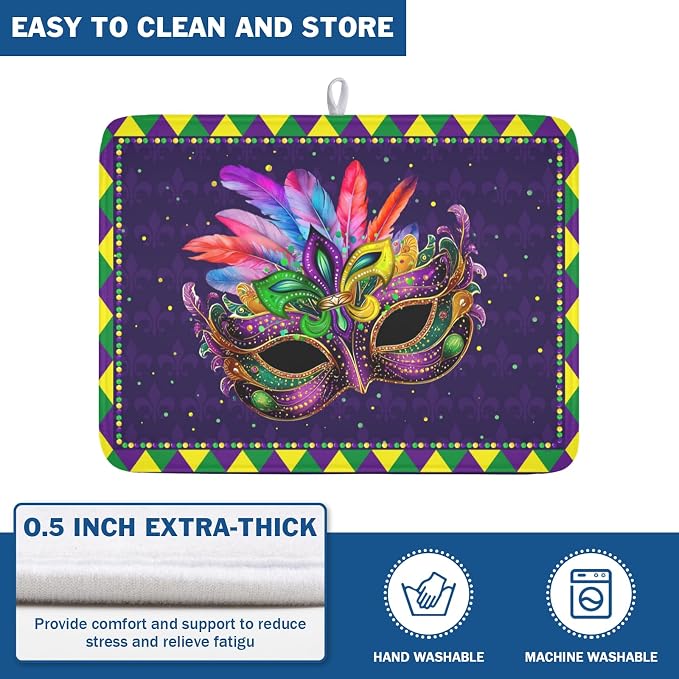 Mardi Gras Dish Drying Mat for Kitchen Counter Masquerade Mask Feather Drying Mats Absorbent Reversible Microfiber Washable Draining Pad Washable Dry Mat 18x24 Inch