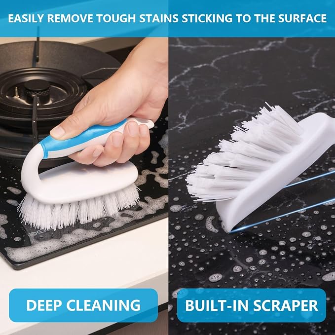 Scrub Brush Set, 4 Pack Deep Cleaning Brush Kit, Blue | 2 Scrub Brush, 2 Tile & Grout Brush with Built-in Scraper, Household Commercial Scrubber for Floor, Shower, Pool Wall, Tub