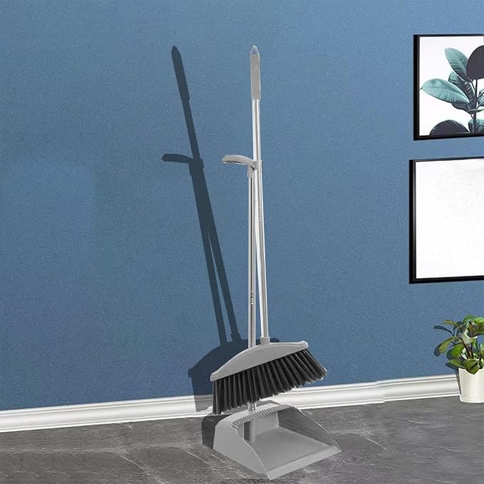 Broom and Dustpan Set for Home Indoor 180 Rotatable Broom with Dustpan Combo Set for Office Home Kitchen Lobby Floor Cleaning Broom Dustpan for Indoor & Outdoor Sweeping (Gray)
