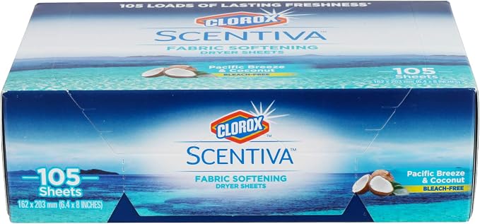 Clorox Scentiva Fabric Softening Dryer Sheets | Fabric Sheets in Pacific Breeze & Coconut Scent | Laundry Dryer Sheets for Fresh & Clean Clothes | 105 Count (Pack of 2)