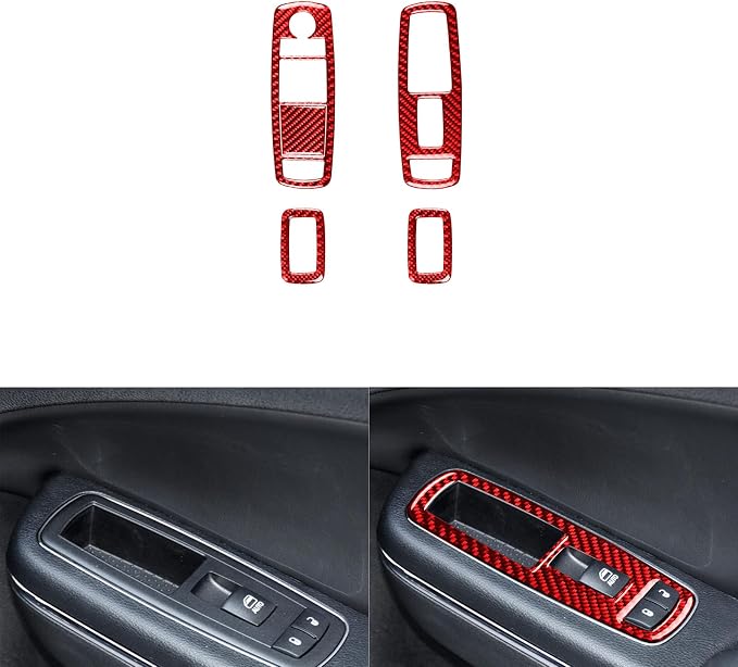 Window Switch Panel Trim Fit for Dodge Charger/Chrysler 300 2011-2023 | Real Carbon Fiber | Accessories | Window Lift Button Trim Sticker | Thick Overlay | Self-adhesive | Red