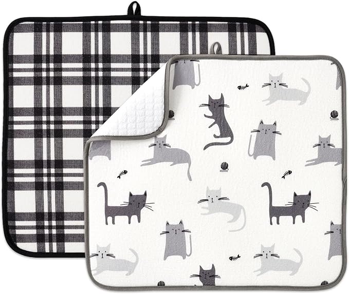 FRESHMINT Printed Dish Drying Mat Set for Kitchen Counter Absorbent Reversible Drying Mats Microfiber Kitchen Countertop Protector Dishes Pad 2 Pack Large Dish Drainer Rack Mat, 18" x 16"
