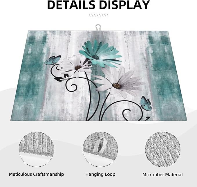 Floral Dish Drying Mat 18x24 Inches For Kitchen Counter Summer Spring Teal Blue Daisy Flower Kitchen Decoration Drying Mat Modern Decorative Drying Pad For Home Kitchen Decor,Dining Room,Office