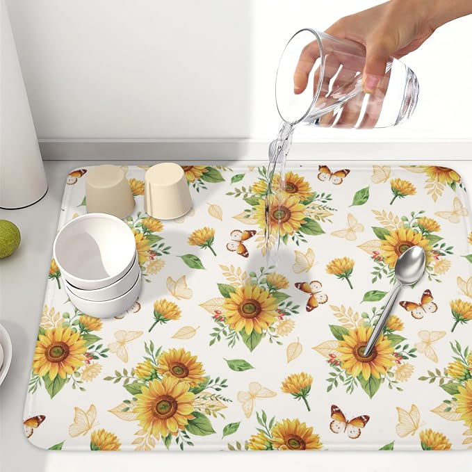 Sunflower Dish Drying Mat for Kitchen Counter Summer Yellow Floral Microfiber Dish Drainer Mat Rustic Farmhouse Absorbent Washable Drying Pad Extra Large 18"x24"