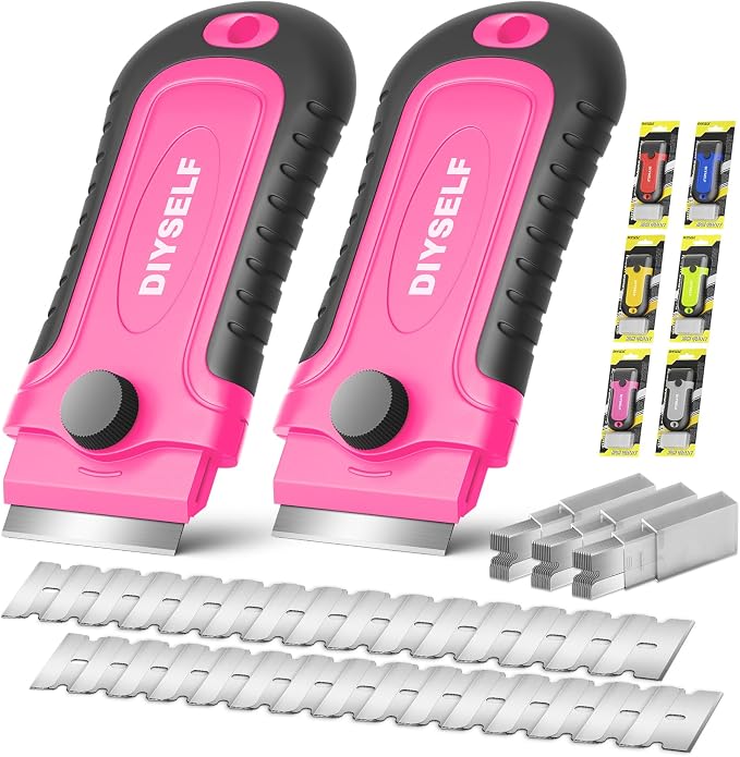DIYSELF 2 Pack Razor Scrapers with 30 Extra Razor Blades, Stove Top Cleaner | Stove Top Cleaner for Glass Cooktops, Ovens, Windows and Metal, Razor Blade Scrapers for Labels, Decals, Glue and Grime
