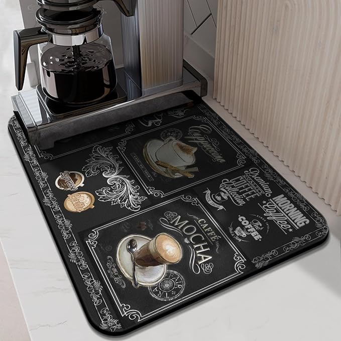 Coffee Bar Mat Accessories for Countertop Super Absorbent Anti-Slip Silicone Flower Dish Drying Mats for Kitchen Counter Draining Pad Decor Gift Fit Coffee Maker Coffee Pot Espresso Machine 24inx18in