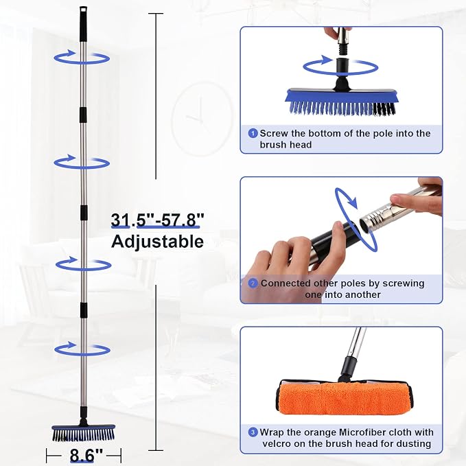 2 in 1 Floor Scrub Brush Grout Brush with 57.8" Long Handle,120°Rotatable Shower Tile Grout Scrubber,V-Shaped Corner Brush for Hard to Reach Areas (Blue)
