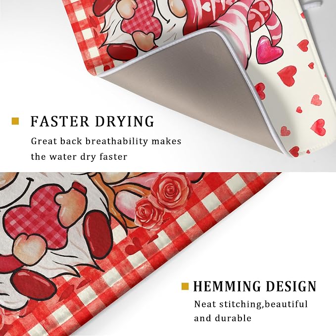 Love Gnome Dish Drying Mat 18"x24" Red Heart Microfiber Dish Drainer Rack Mat Holiday Absorbent Dishes Pad for Kitchen Counter Sink Decor