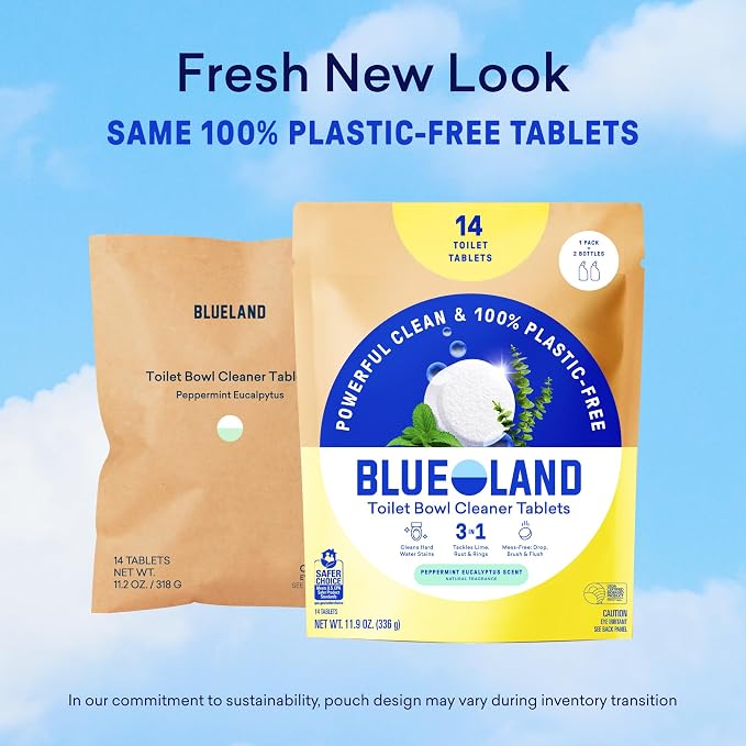 BLUELAND Toilet Bowl Cleaner Tablets, 14 Count (Pack of 2), Peppermint Eucalyptus, Plastic-Free, No Harsh Chemicals, Plant-Based, Septic-Safe, Removes Lime, Rust, Hard Water and Toilet Ring Stains