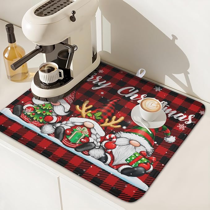 Merry Christmas Dish Drying Mat 16x18 Inch Xmas Santa Claus Winter | Polyester，Absorbent Microfiber，for Kitchen Coffee Dining Bar Decor