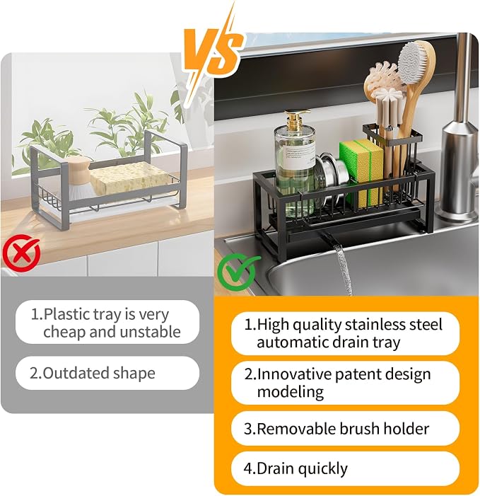 Sponge Holder for Kitchen Sink, 304 Stainless Steel Sink Caddy with Tall Brush Holder & Self-Draining Tray, 3-Compartment Countertop Organizer for Dish Soap Dispenser, Sponge, Scrubber, Black