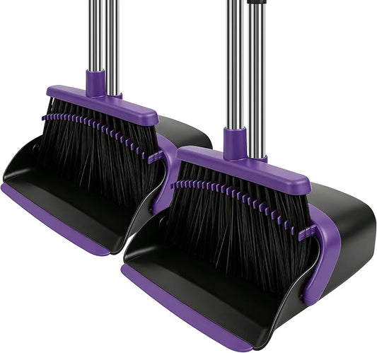 Broom and Dustpan Set 2 Pack, Upright Stand Up Broom and Dustpan Combo with Long Handles, Self-Cleaning Dustpan Teeth, Indoor Outdoor Sweeping Set for Home, Kitchen, Garage Pet Areas Purple