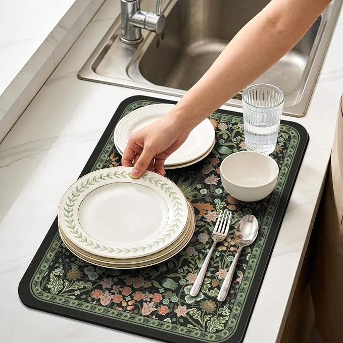 Dish Drying Mat for Kitchen Counter 17x32 Inch, Boho Quick Dry Coffee Mat | Made of super absorbent diatomite that quick dries dishes, coffee machine & sink area. Non-slip rubber base for countertop