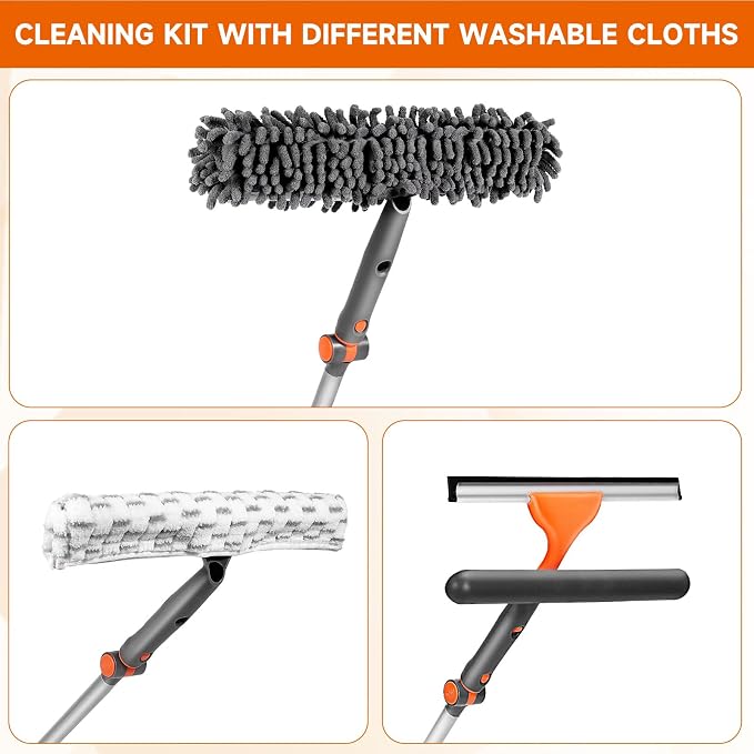Chabatree Window Squeegee Cleaner Set 2-in-1 Window Cleaning Tool with Extendable Pole, Window Cleaning kit with Bendable Head for Indoor & Outdoor Glass for Car Indoor Outdoor High Windows