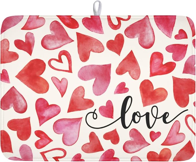 Valentine's Day Red and Pink Heart Dish Drying Mat 18x24 Inch | Polyester，Absorbent Microfiber，for Kitchen Coffee Dining Bar Decor
